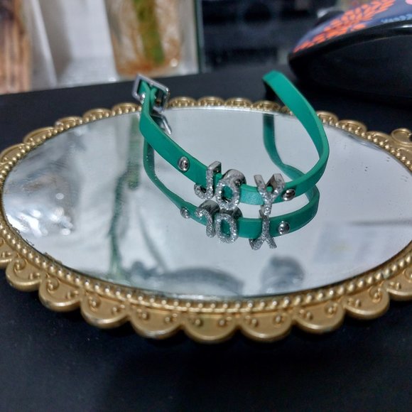 Faux Leather Xmas Green JOY Bracelet & Elastic Beads Bracelets SET OF 3 - Picture 2 of 9